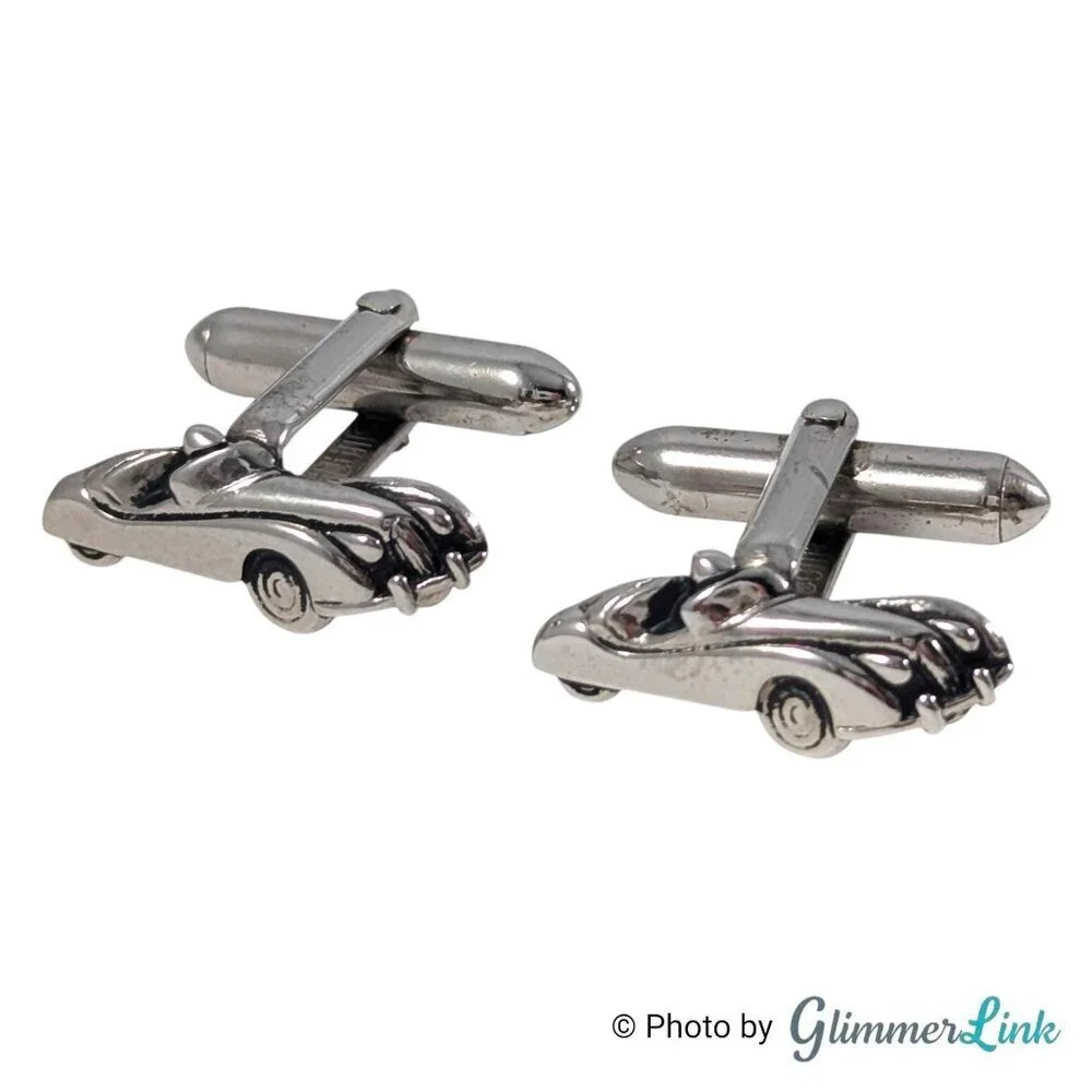 Swank Vintage Silver Tone Car Cufflinks and Tie Bar Set Automobile Design, 1960s